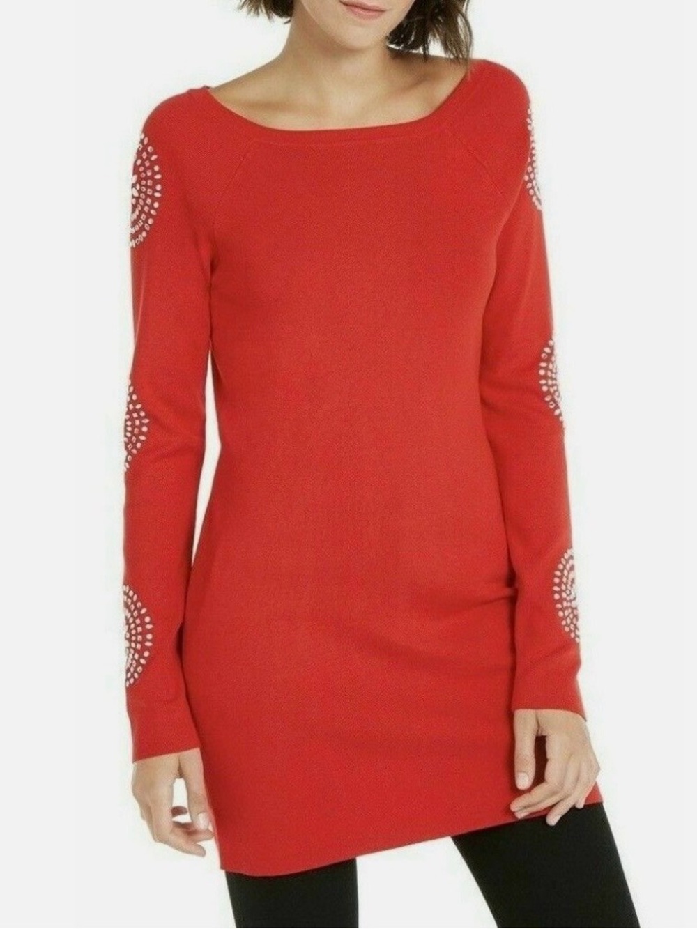 NWT INC Women’s M Red Rhinestone Medallion Long Sleeve Tunic Knit Sweater Dress